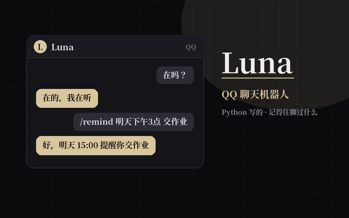 示意图：QQ 聊天窗口里，Luna 在回复消息，并确认了一条定时提醒